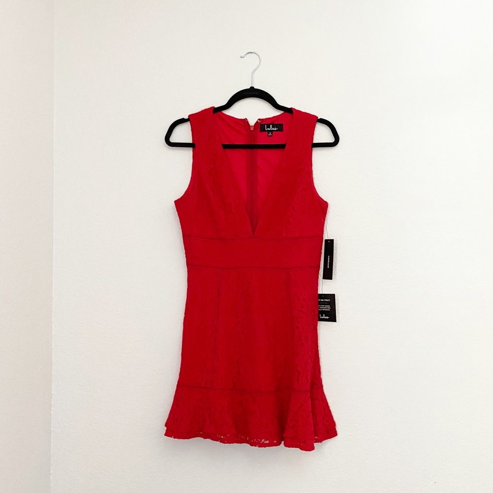 SOLD Lulus Fluttering Hearts Red Lace V-Neck Dress - Picture 7 of 9